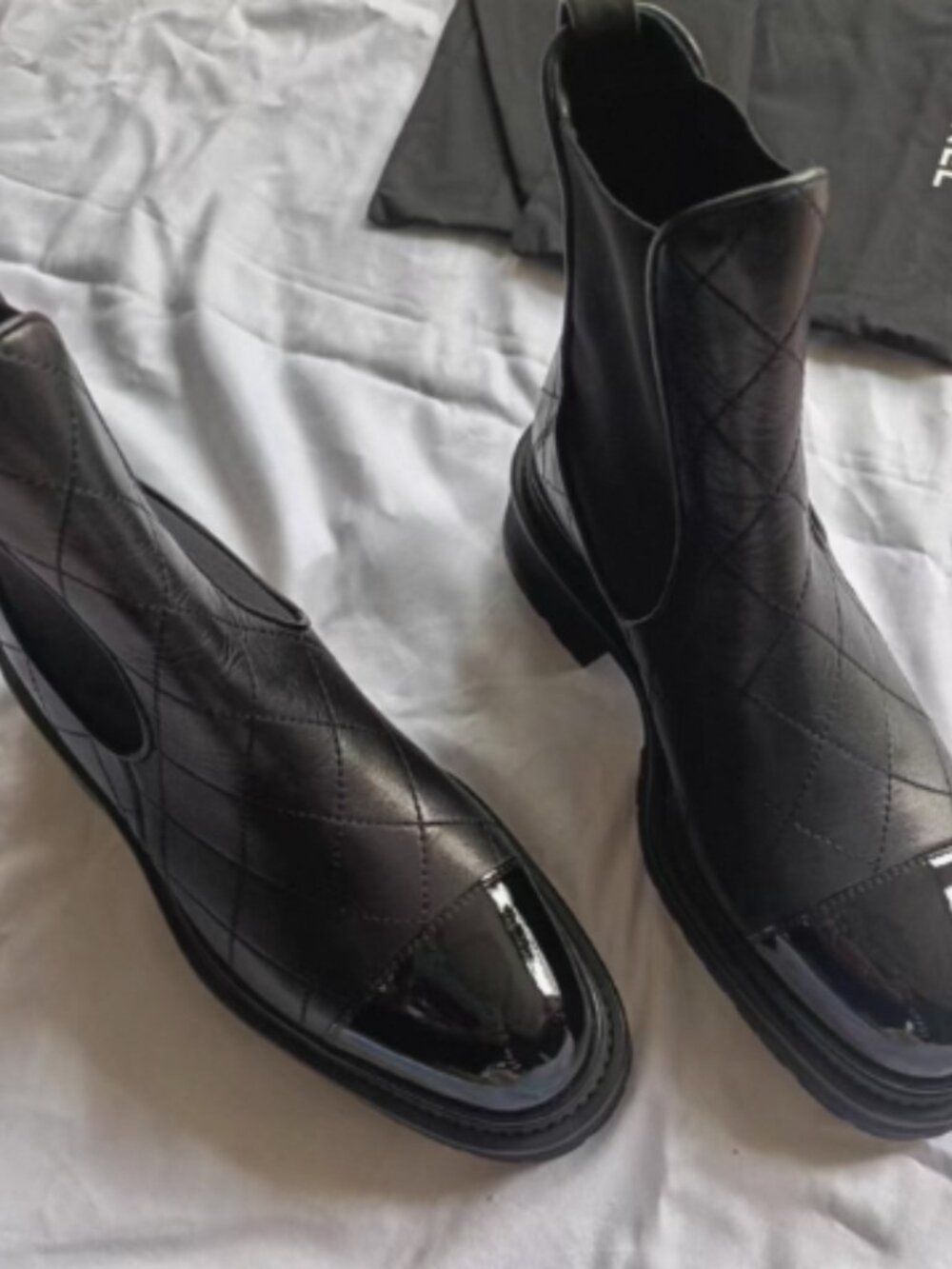 Chanel Black Quilted Leather Patent Cap-Toe Chelsea Ankle Boots